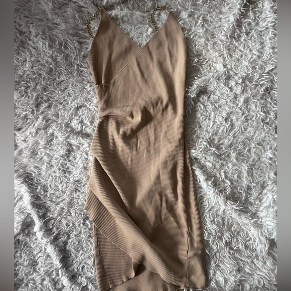 Dazy Dresses & Skirts - Chain Strap Ribbed Slip Mini Dress in Taupe